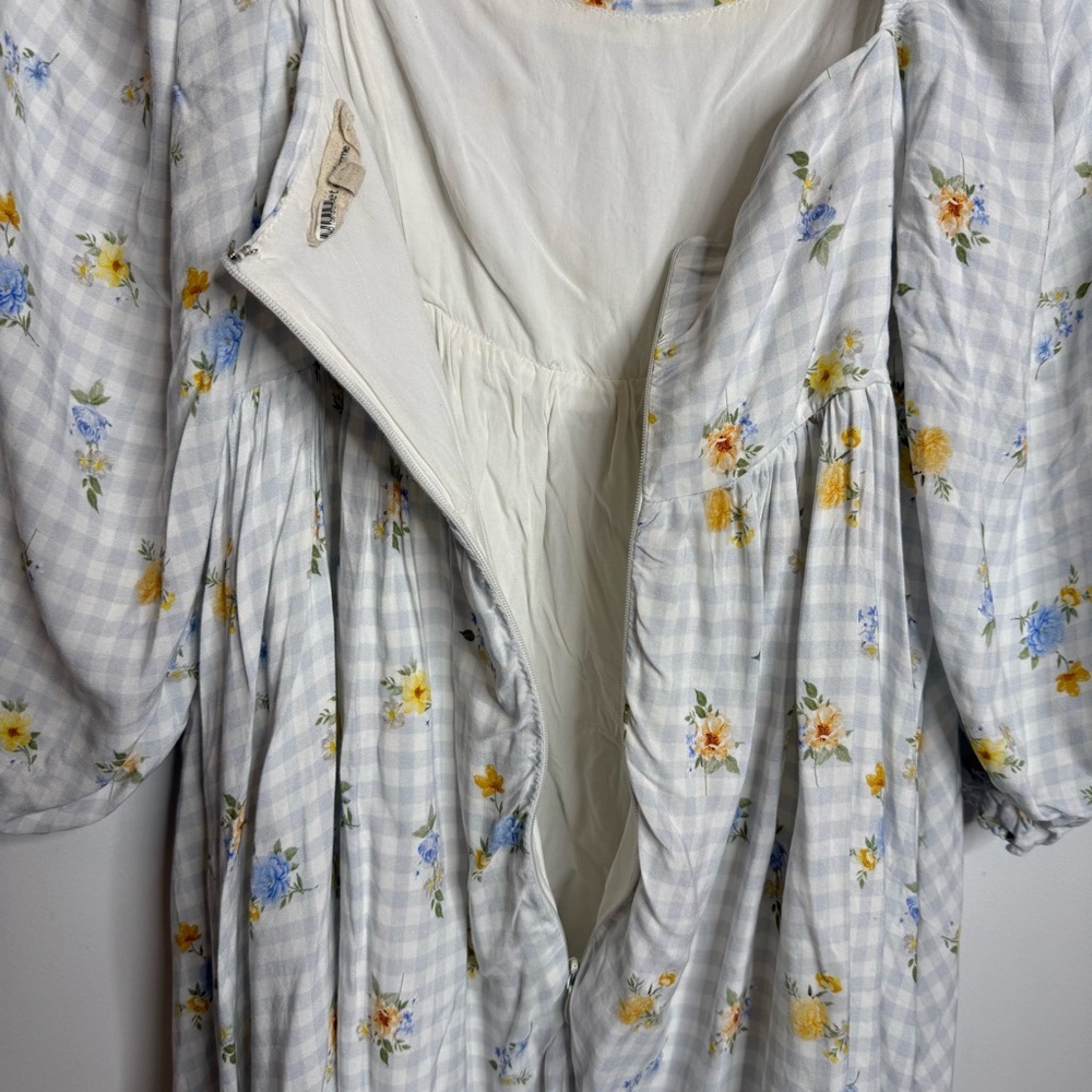 Sweet En Forme Multi Color Flowers Blue Gingham Babydoll Mini Dress Size medium - Picture 6 of 10